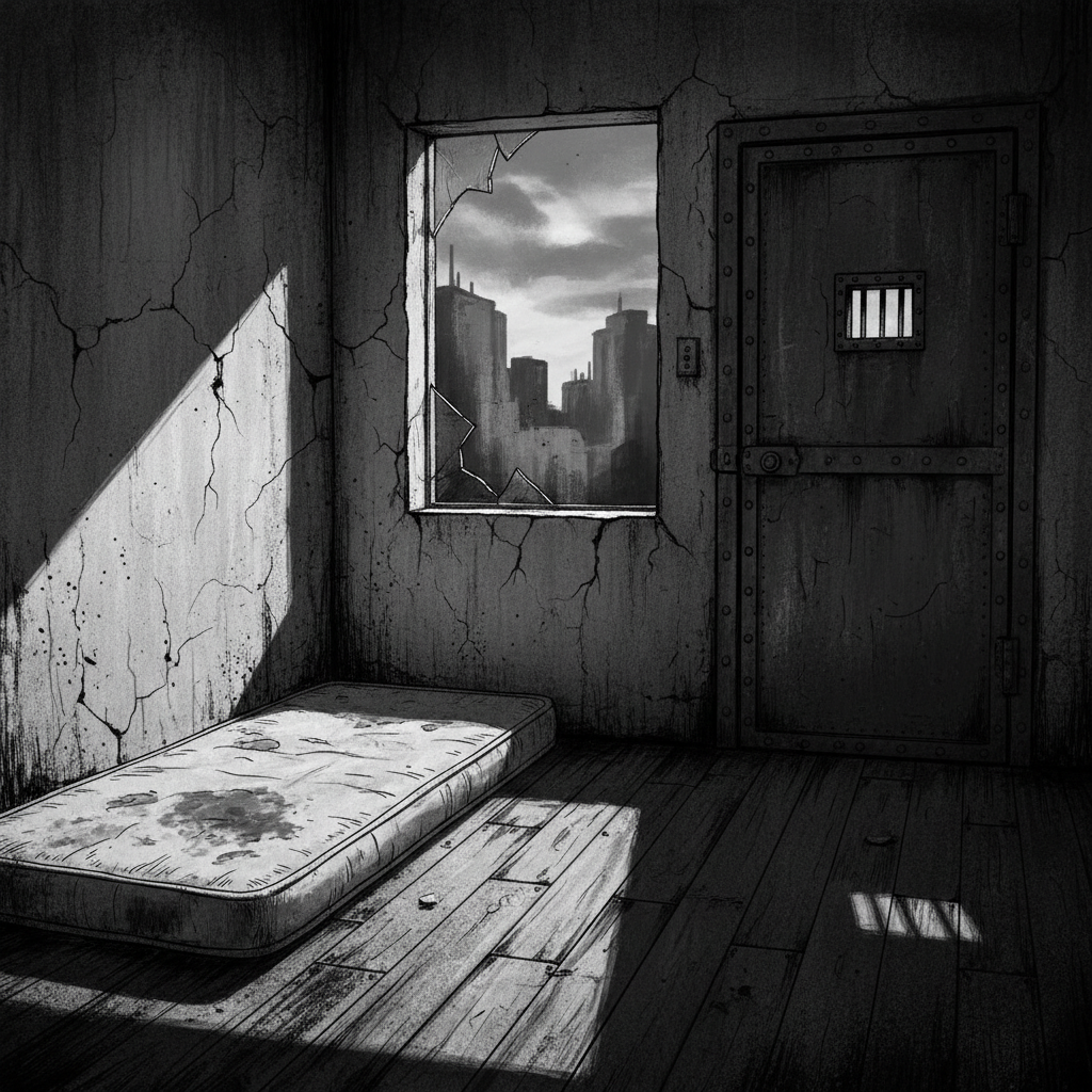 A small, bare room. A thin mattress lies on the floor. A cracked window lets in grey light. A heavy door is the only exit.